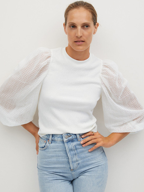 

MANGO Women White Sustainable Solid Top with Puff Sleeves