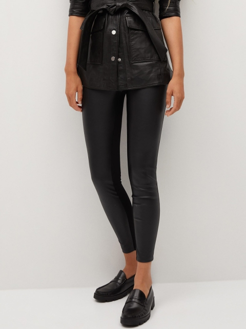 

MANGO Women Black PU Coated Cropped Leggings