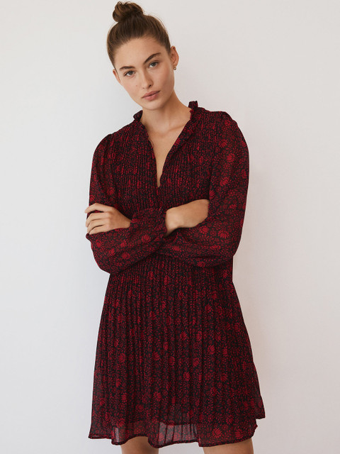 

MANGO Women Black & Red Sustainable Floral Printed Accordion Pleated Mini A-Line Dress