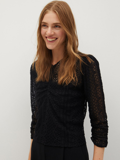 

MANGO Women Black Floral Lace Sheer Top
