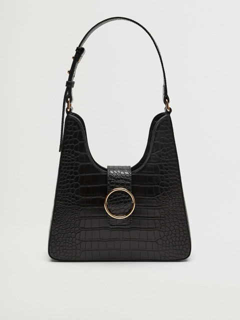 

MANGO Black Croc Textured Shoulder Bag