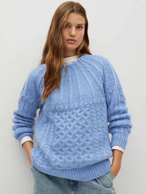 

MANGO Women Blue Cable Knit Self Design Pullover