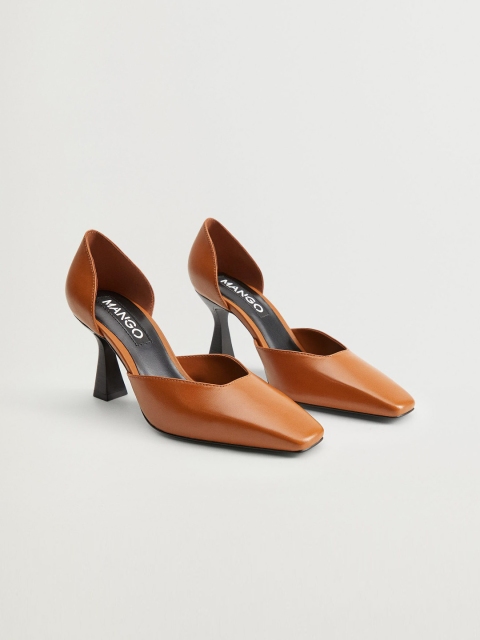 

MANGO Women Tan Brown Solid Leather Pumps