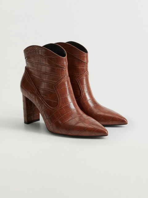 

MANGO Women Brown Croc-Textured Mid-Top Heeled Boots