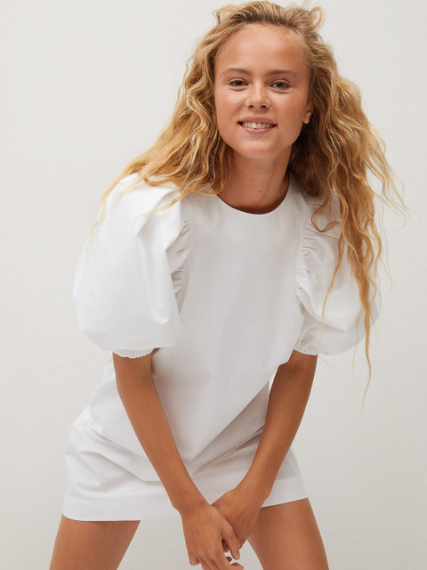 

MANGO Women White Solid Puff Sleeve Shift Dress