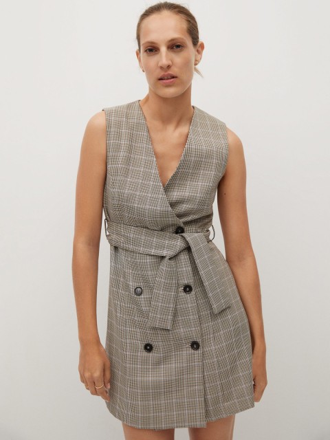

MANGO Women Black & Brown Checked Double Breasted Wrap Dress with Belt