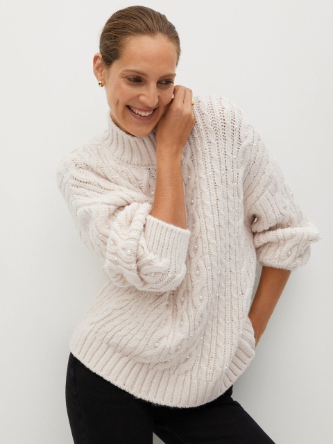 

MANGO Women Off-White Cable Knit Beaded Acrylic Pullover