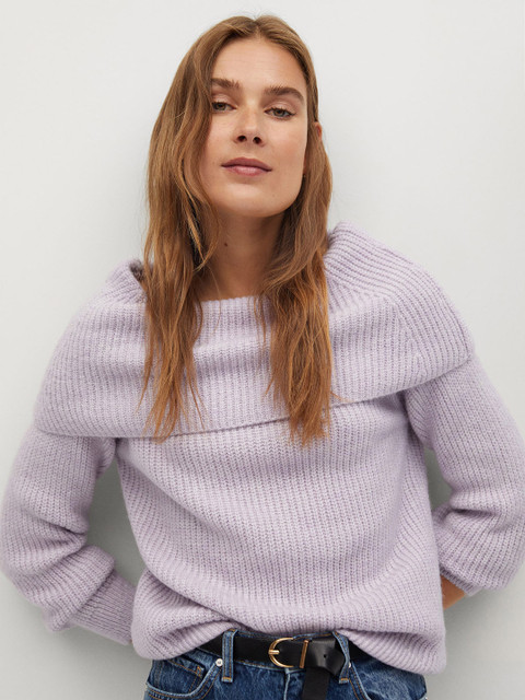 

MANGO Women Lavender Ribbed Off-Shoulder Pullover Sweater