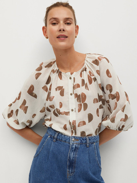 

MANGO Women Off-White & Brown Geometric Print Top