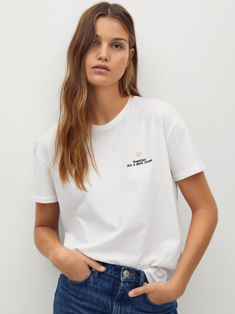 

MANGO Women White Organic Cotton Solid Round Neck Fero Foundation Solidary T-shirt