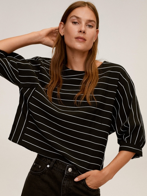 

MANGO Women Black & White Striped Oversized Top