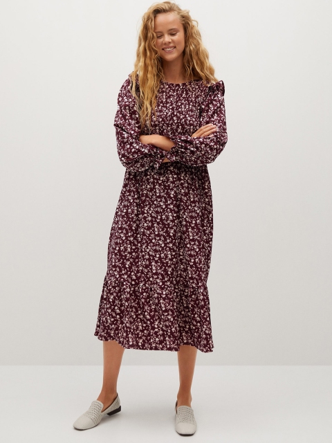 

MANGO Women Burgundy & White Floral Print Smocked Midi A-Line Dress