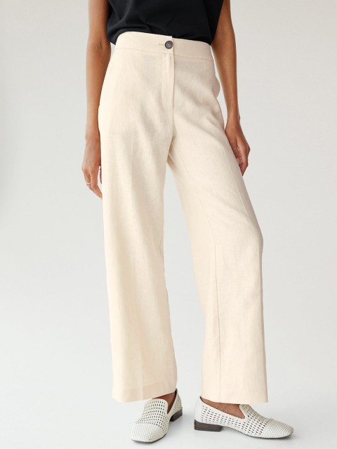 

MANGO Women Off-White Regular Fit Solid Linen Sustainable Formal Trousers