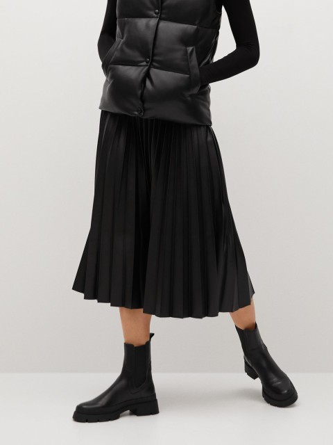 

MANGO Women Black Solid Accrodion Pleated Flared Midi Skirt