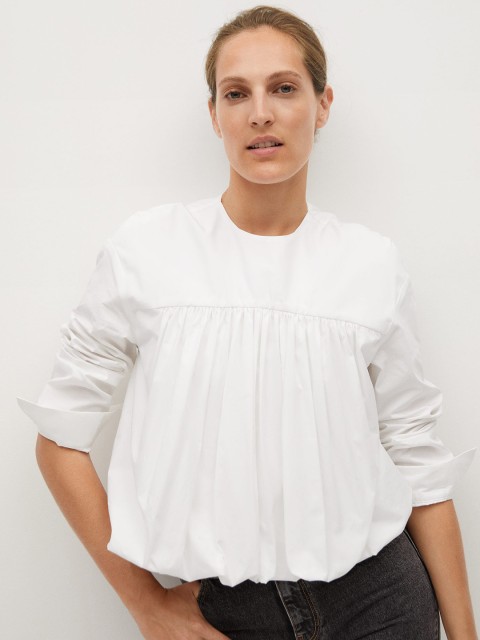 

MANGO Women White Solid Blouson Pure Cotton Top with Gathers