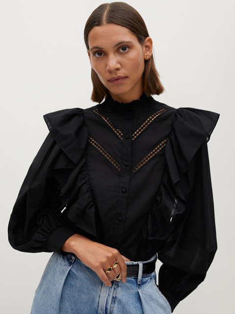 

MANGO Women Black Solid Ruffled Shirt Style Top with Open Knit Lace Detail