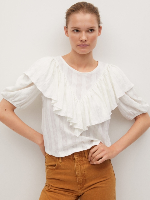 

MANGO Women White Self-Striped Ruffle Top