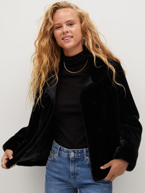 

MANGO Women Black Solid Faux Fur Tailored Jacket