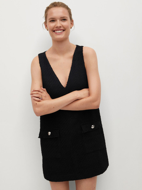 

MANGO Women Black Self Design Mini Pinafore Dress