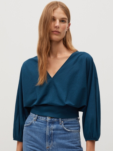 

MANGO Women Teal Blue Solid Blouson Top