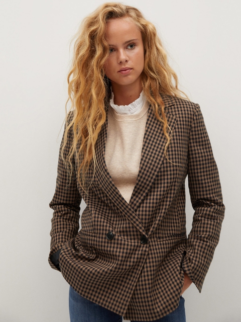 

MANGO Women Brown & Black Sustainable Checked Double-Breasted Smart Casual Blazer