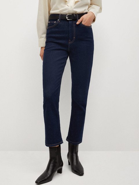 

MANGO Navy Blue Sustainable Straight Fit High-Rise Clean Look Cropped Stretchable Jeans