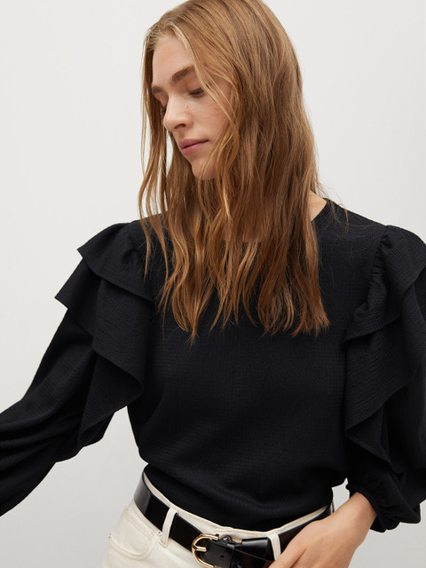 

MANGO Women Black Sustainable Self Design Ruffled Top