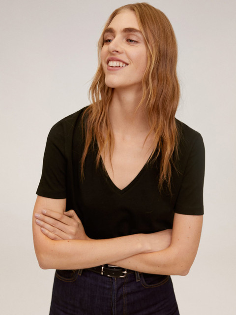 

MANGO Women Black Solid V-Neck Sustainable T-shirt