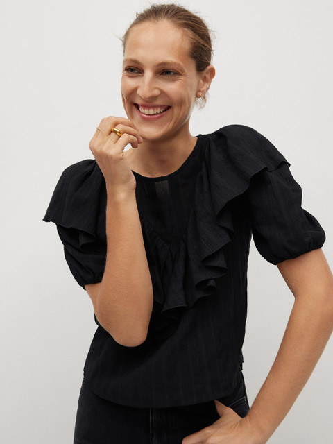

MANGO Women Black Self-Striped Ruffle Top