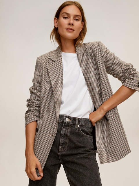 

MANGO Women Beige & Black Sustainable Checked Double-Breasted Smart Casual Blazer