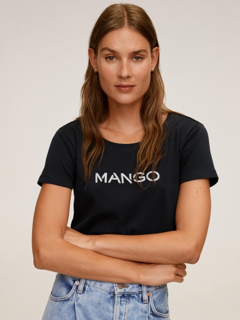 

MANGO Women Navy & Silver Organic Cotton Brand Logo Print Round Neck T-shirt, Navy blue