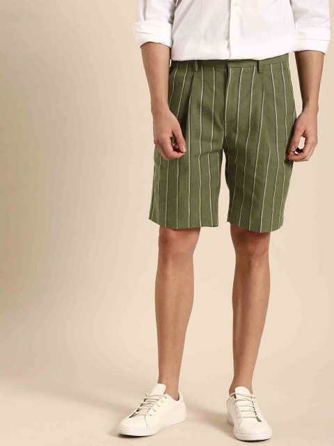 

Mr Bowerbird Men Olive Green & Off-White Striped Regular Fit Regular Shorts