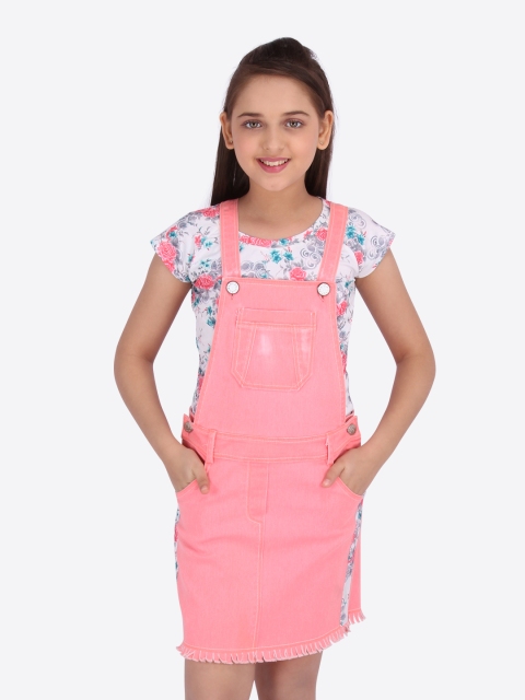 

CUTECUMBER Girls Pink Solid Denim Pinafore Dress with T-Shirt