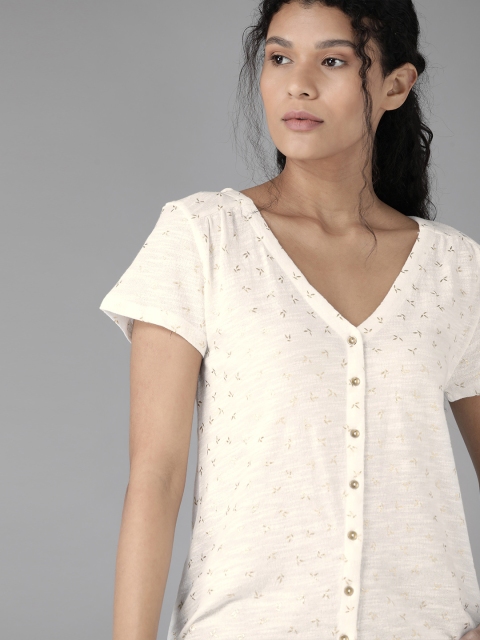 

Roadster Women Off-White & Golden Printed Pure Cotton Top