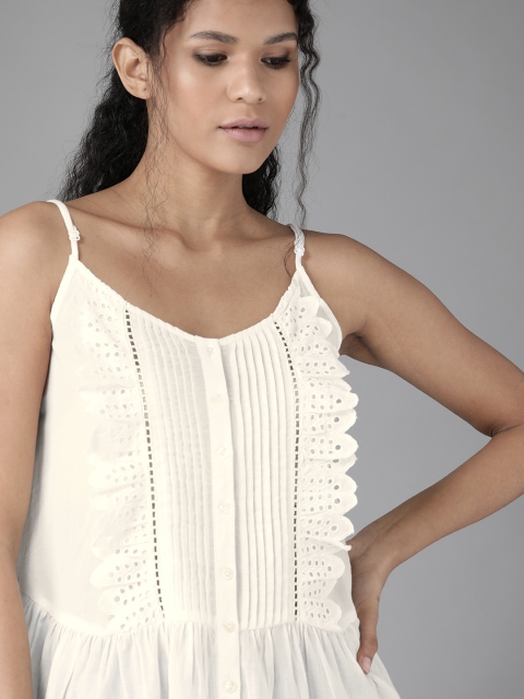 

Roadster Women Yellow Self Design Schiffli A-Line Top, White