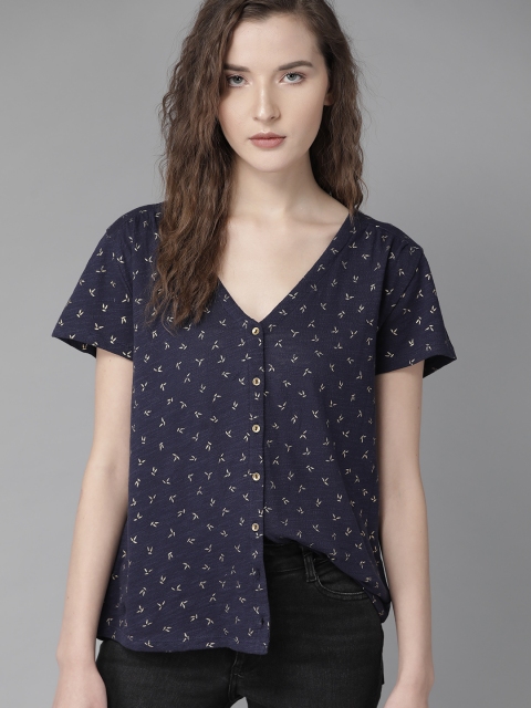 

Roadster Women Navy Blue & Golden Ditsy Printed Plunging V-Neck Pure Cotton Top