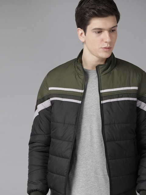 

Roadster Men Black &Olive Green Striped Bomber Jacket