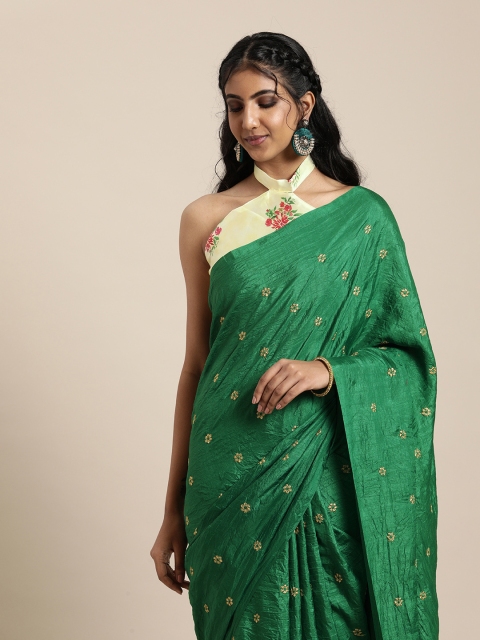 

SHAVYA Green & Gold-Toned Pure Georgette Embroidered Saree