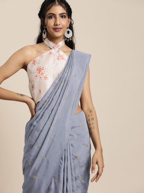 

SHAVYA Grey Embroidered Pure Georgette Saree with Printed Blouse