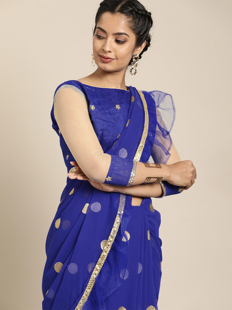

SHAVYA Blue & Gold-Toned Pure Georgette Polka Embroidered Saree
