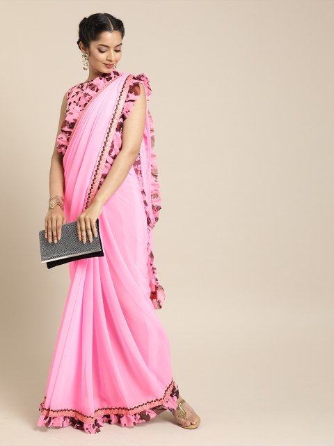 

SHAVYA Pink Solid Pure Georgette Party Saree