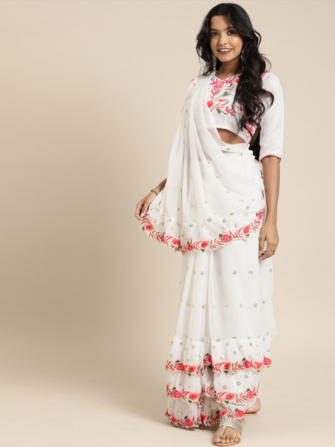 

SHAVYA White & Gold-Toned Pure Georgette Embroidered Saree