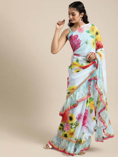 

SHAVYA Turquoise Blue Printed Pure Georgette Saree