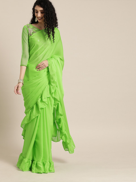 

SHAVYA Green Solid Silk Blend Saree