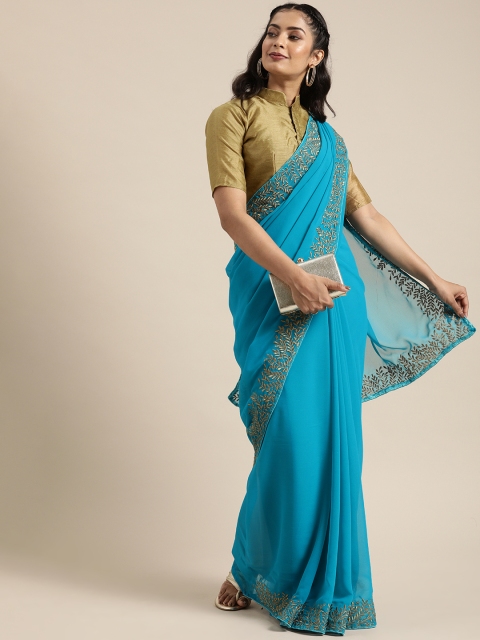 

SHAVYA Turquoise Blue Embroidered Pure Georgette Saree