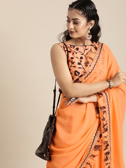 

SHAVYA Peach-Coloured Solid Pure Georgette Saree