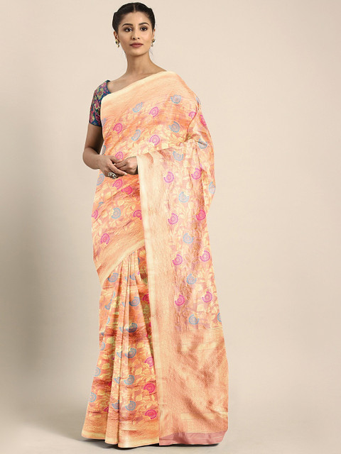 

KALINI Peach-Coloured & Gold-Toned Silk Blend Woven Design Saree