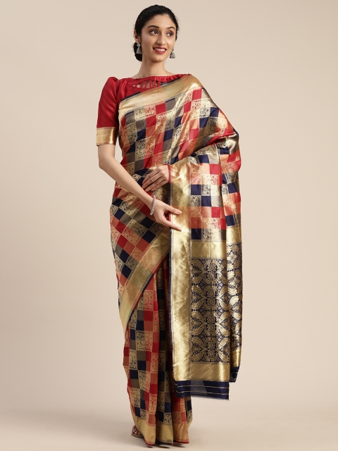 

KALINI Red & Navy Blue Silk Blend Checked Saree