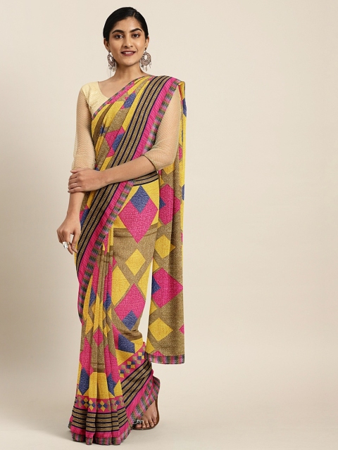

KALINI Pink & Mustard Yellow Pure Georgette Printed Saree