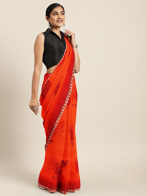 

KALINI Orange Floral Printed Pure Georgette Saree